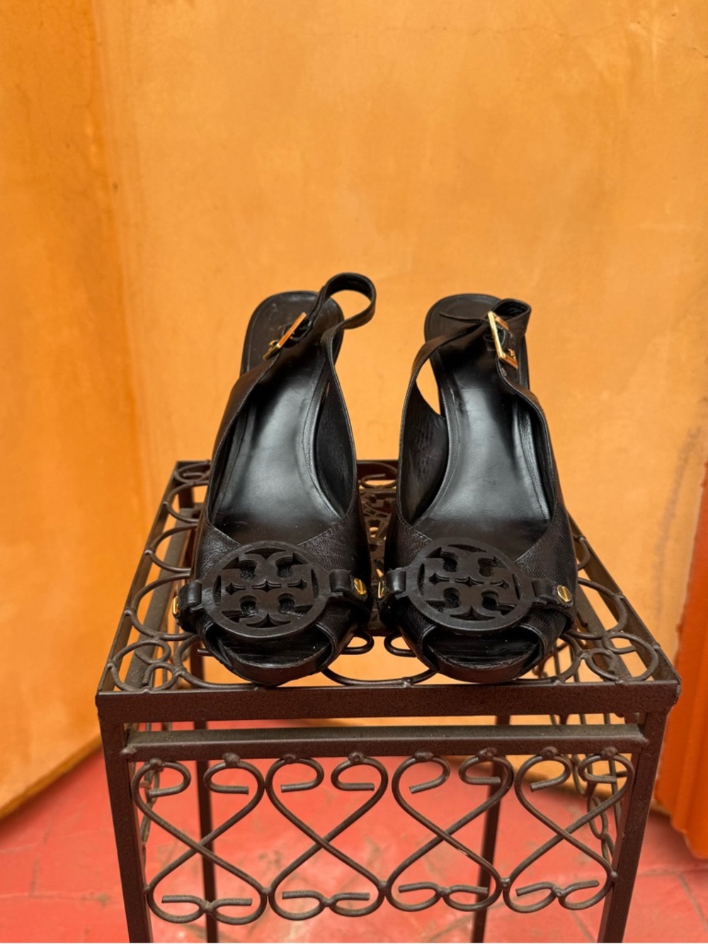 Tory Burch Black Leather Peep-Toe Slingback Heels with Logo Medallion